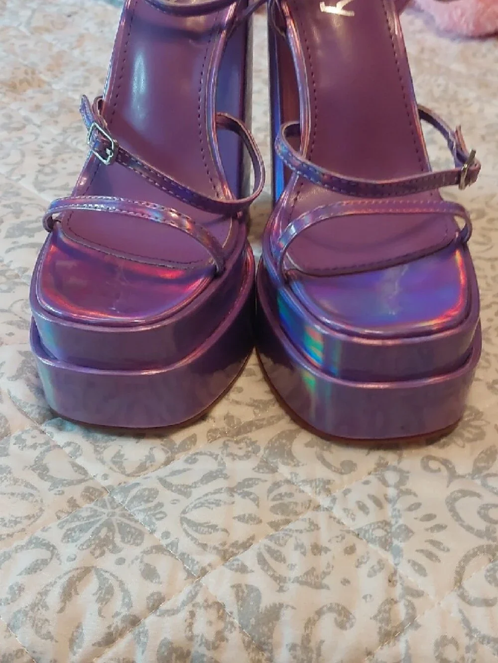 Purple Holographic Platform Heeled Sandals with Ankle Strap